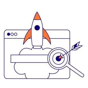 Illustration eines Browser-Fensters aus welcher eine Rakete startet