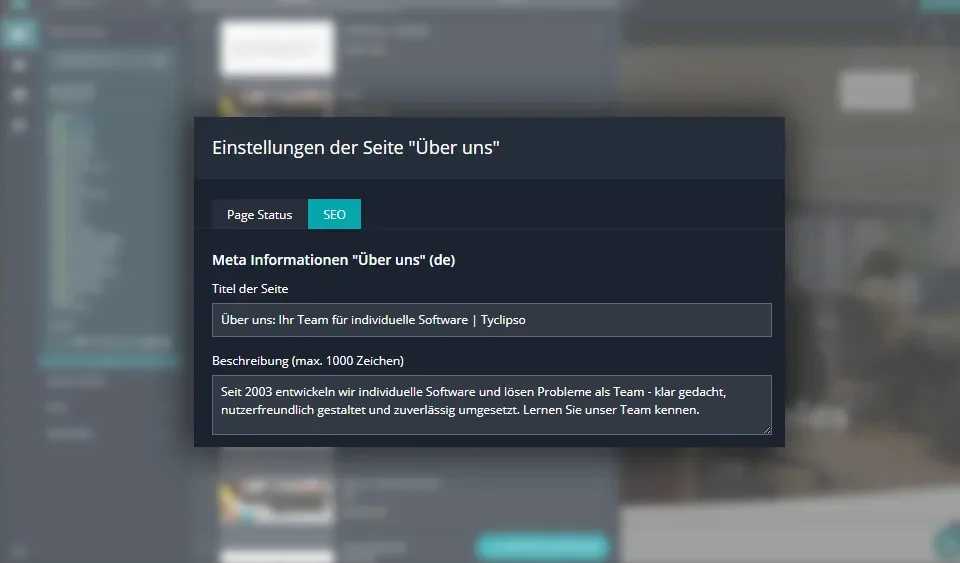 Ein Ausschnitt unseres CMS "myty". Es wurden Meta-Informationen für die Seite "Über uns" gepflegt.