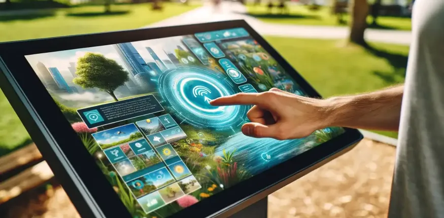 Jemand bedient via Touch-Bedienung einen Bildschirm in einem Park, um sich über den Park und die nahegelegene Stadt zu informieren.