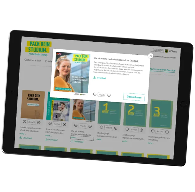 Pack dein Studium auf der Bestellseite für Infohefte zum Thema Studieren in Sachsen