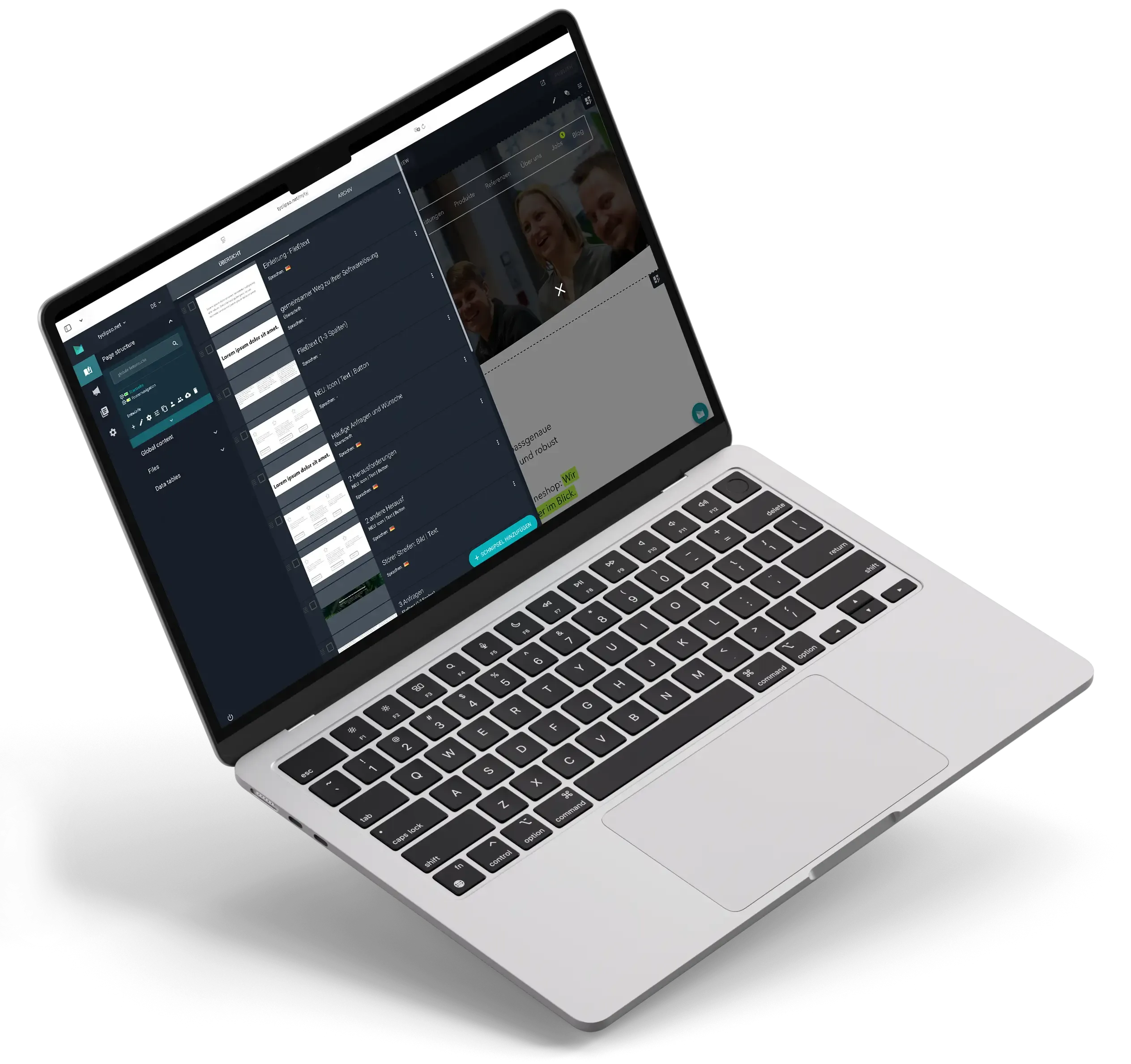 Die Softwareoberfläche von myty  im Bearbeitenmodus zum Anpassen der Inhalte wie Texte, Bilder, Links.