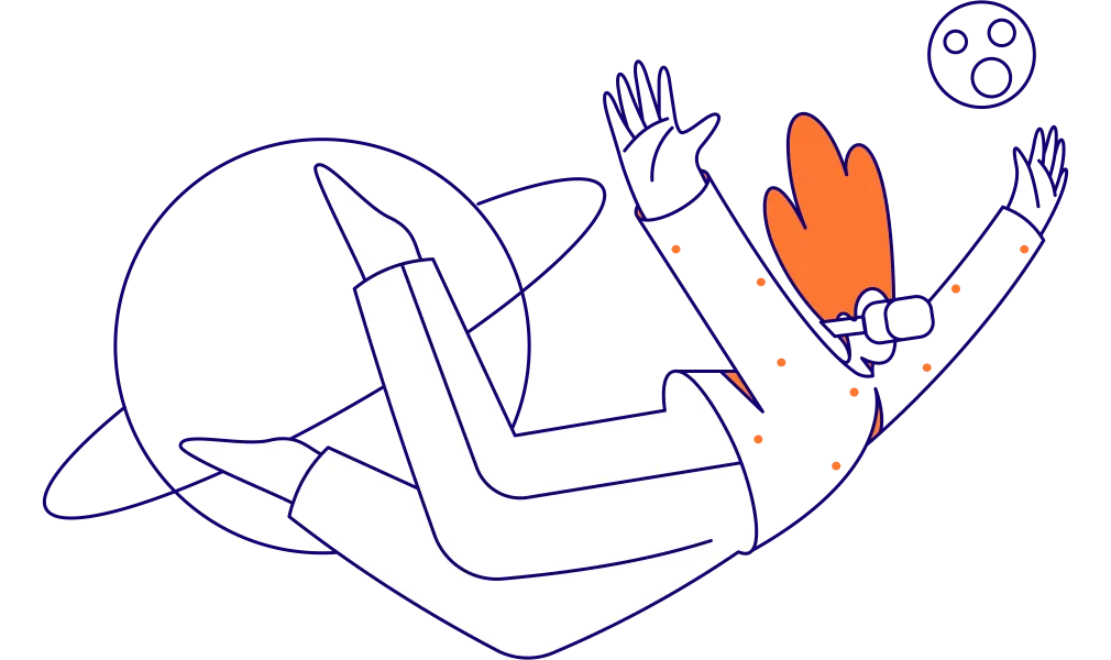 Illustration einer Frau mit roten Haaren die durch das Universum fliegt