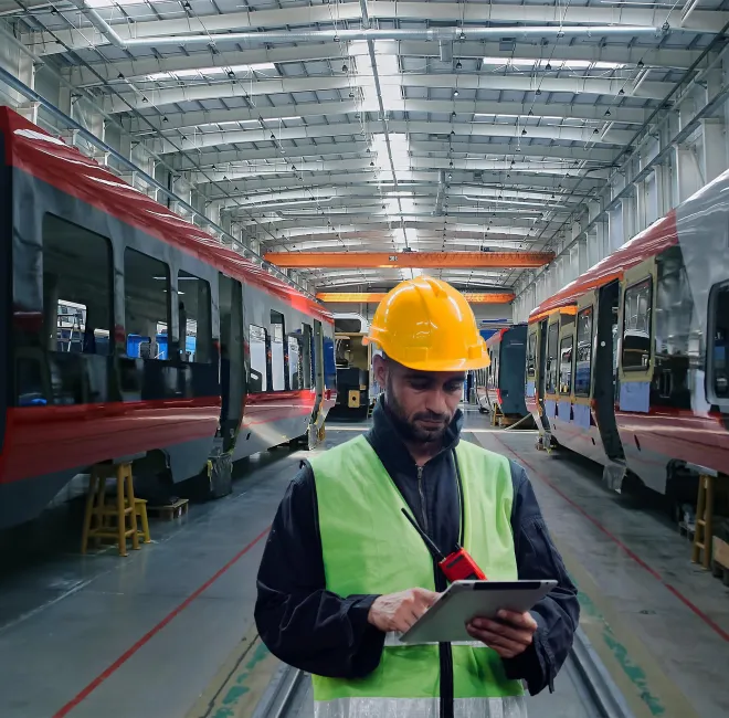 Digitale Assistenzsysteme zur Bauüberwachung Wagons werden auf Baumängel geprüft. Die Dokumentation erfolgt mobil auf einem Tablet.