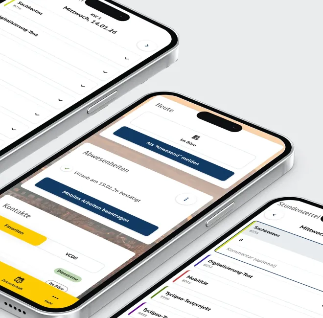 Die Software VCDBase ist auf mehreren Smartphones geöffnet und zeigt die übersichtliche Oberfläche. 