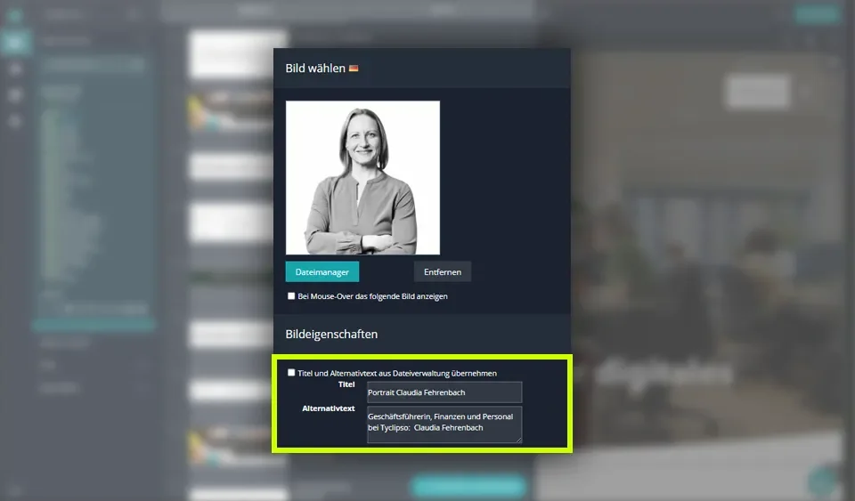 Ein Auschnitt unseres CMS "myty". Für ein Bild wurden Titel und Alternativtext gepflegt.
