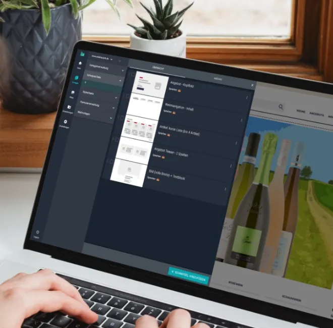 Mit myty umgesetzter Onlineshop Auf einem Laptop ist ein Onlineshop zu erkennen, dessen Backend geöffnet ist, um neue Inhalte zu veröffentlichen.