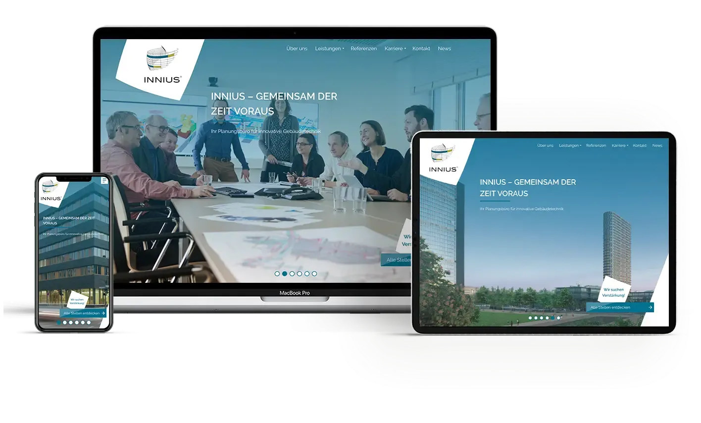 Die geöffnete INNIUS Homepage nach dem Relaunch auf mehreren Geräten