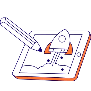 Illustration eines Tablets mit Stift auf dem eine Rakete abgebildet ist