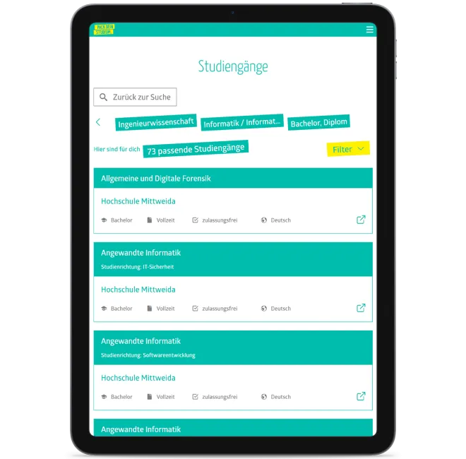 Pack dein Studium zeigt den Studiengangfinder
