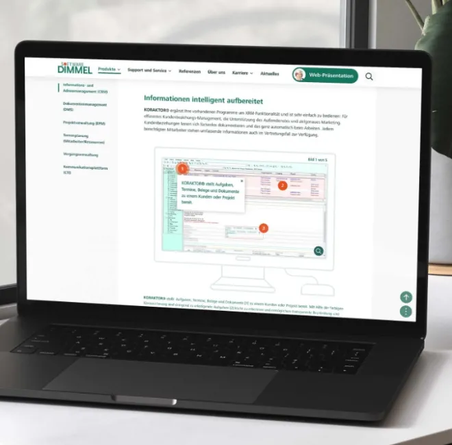 Screenshot der Dimmel-Website. Beschreibung komplexer Anwendungen per Spot, der bei Klick zusätzliche Informationen anzeigt.